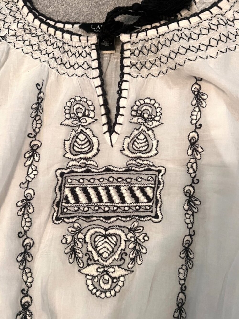 Ralph Lauren White Short Sleeve 100% Cotton Embroidered Top Women's XL Blk LBL - Picture 6 of 9